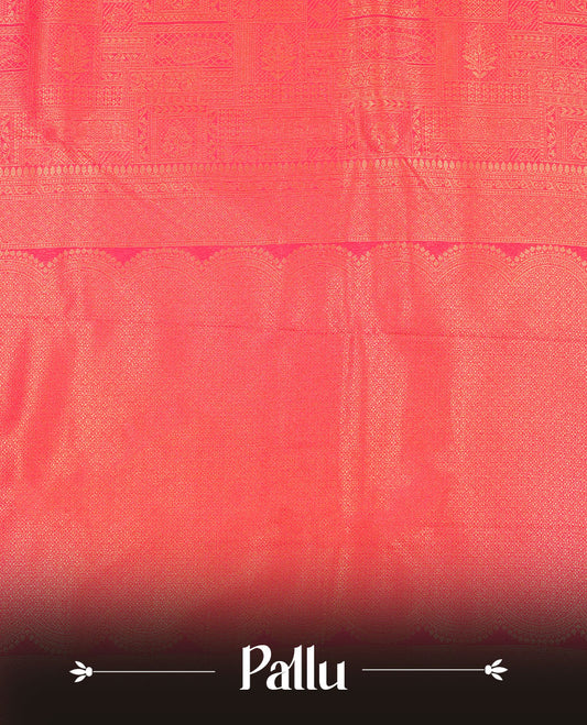 Rani Pink colour semi silk brocade saree featuring intricate Gold patterns across the body, complemented by a Self colour woven border and pallu, paired with a matching blouse.