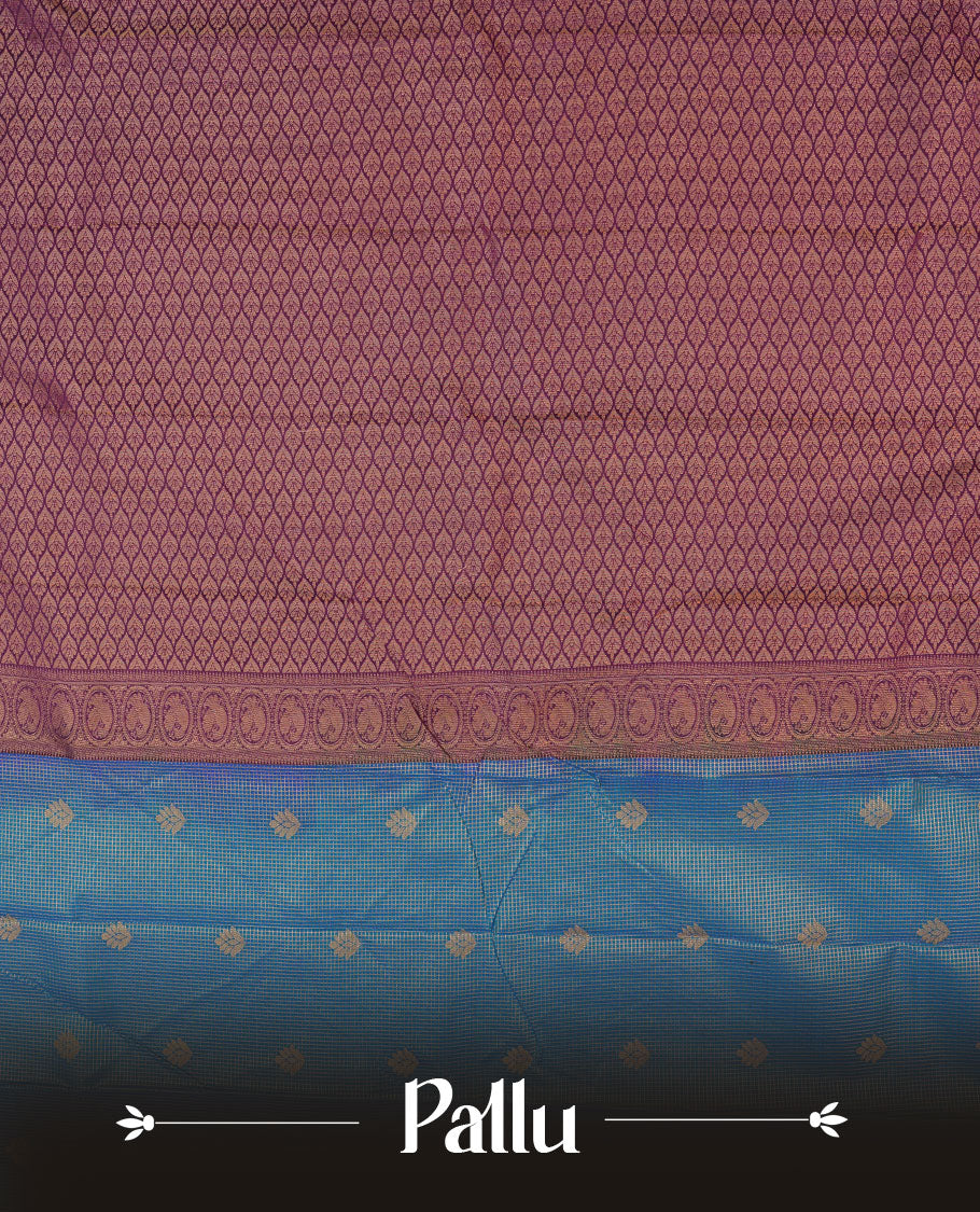 Teal colour semi silk saree highlighting gold zari check pattern  and motifs across body, featuring contrast purple colour border with gold zari pattern, comes with matching blouse .