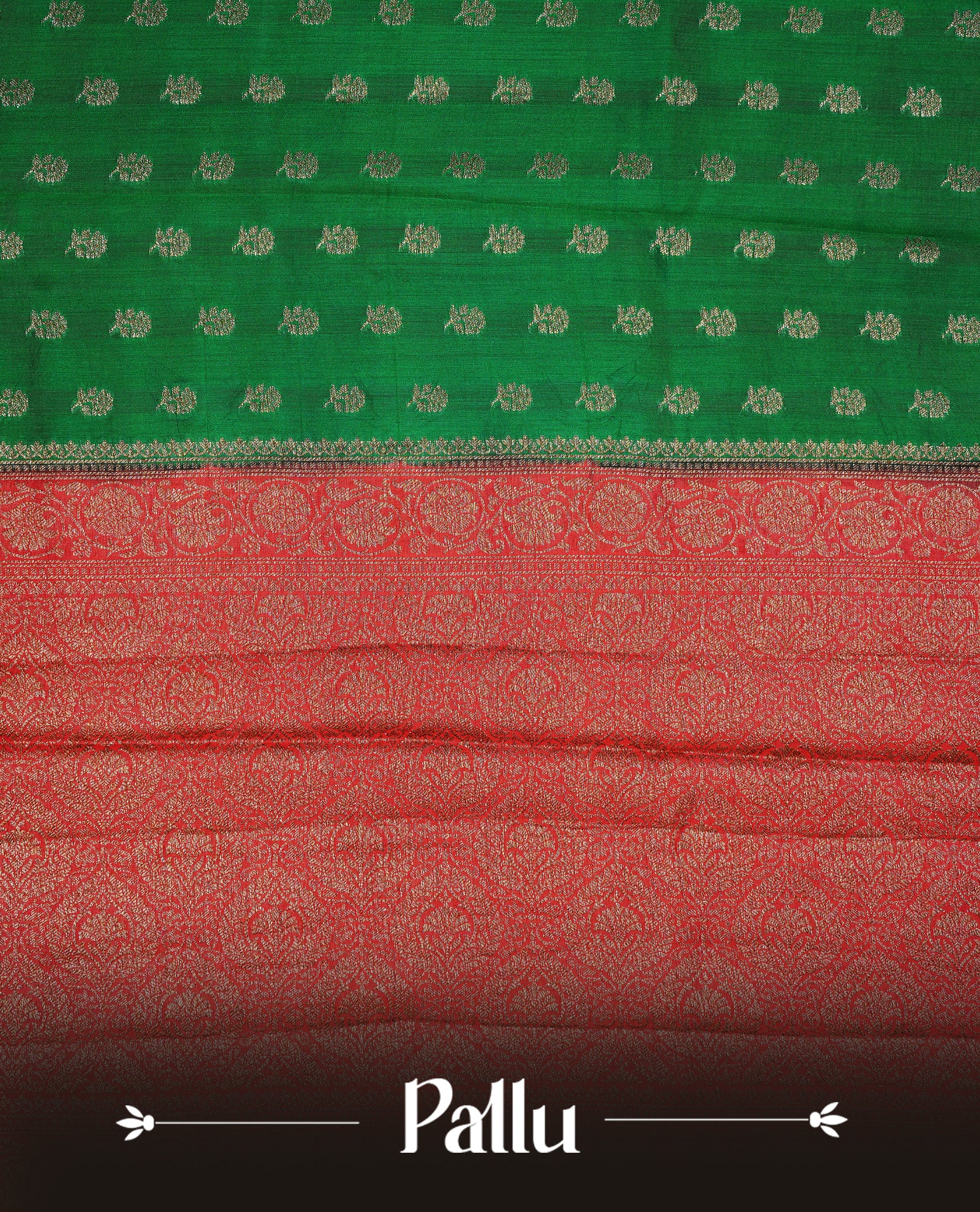 Green colour Banaras tussar silk saree featuring elegant gold zari buttas across the body, complemented by a contrast Red border with rich zari detailing. Comes paired with a matching blouse piece.