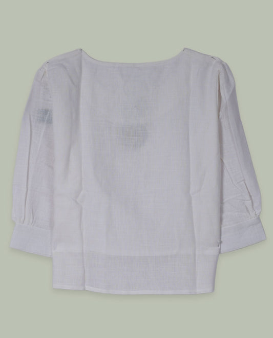 White three-quarter sleeve top with round neckline and tonal crochet floral appliqués placed at the center front and near the hem.