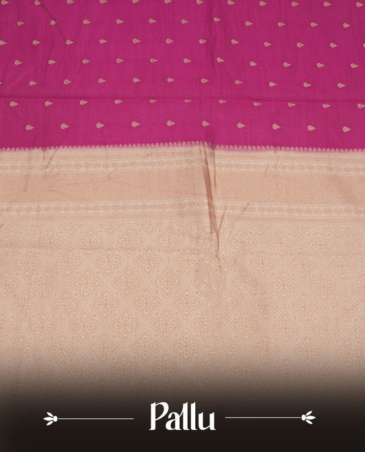 Dark Pink colour tussar saree featuring litte gold zari motifs on body, contrast cream colour border and pallu with zari woven design, comes with matching blouse piece.