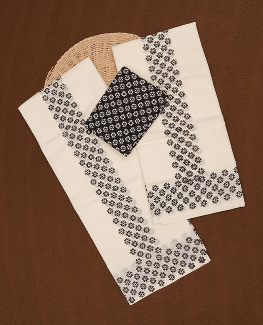 Off white colour cotton set mundu highlights black colour floral pattern across border (2.00/2.80 MTS)
