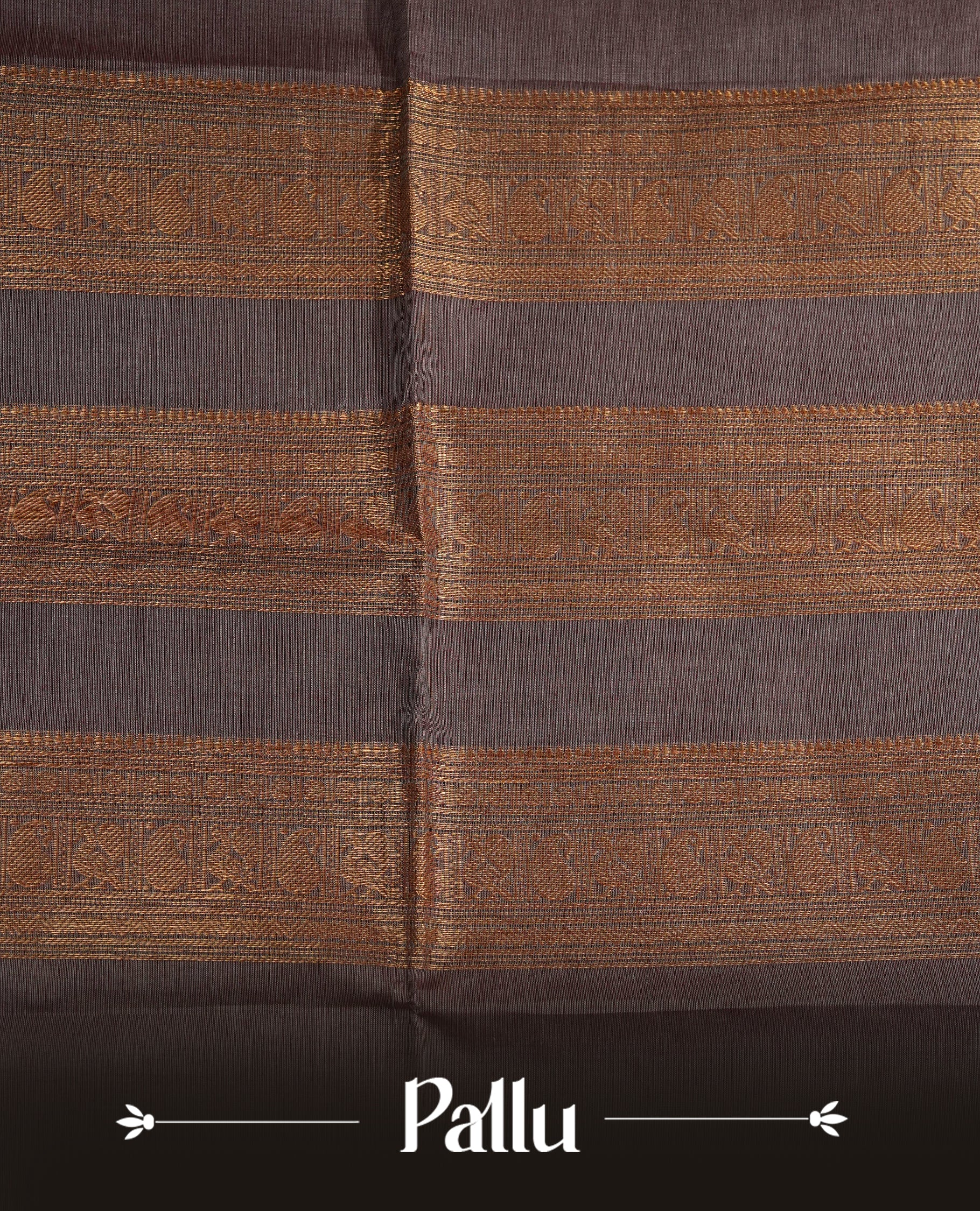 Grey colour chettinad cotton saree featuring Elegant plain body, Contrast Chocolate & Magenta colour with Gold zari border, comes with matching blouse piece.
