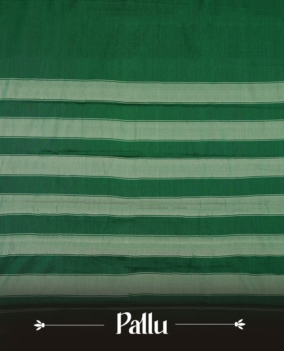 Dark green colour Narayanapattu cotton saree featuring a self coloured body, contrast Dark red colour with silver zari border and pallu, pairing a matching blouse piece.