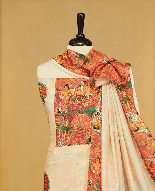 Cream colour salwar material Featuring Indian Art forms Print on body, paired with matching bottom & Elegant Dupatta.