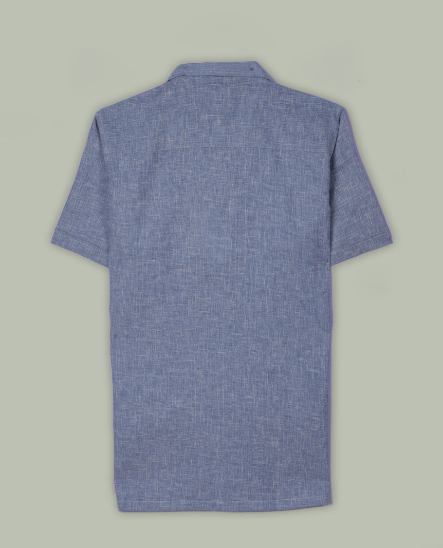 Pastel blue colour short sleeve shirt in a lightweight cotton linen blend, designed with a laid-back Cuban collar and chest pocket , it perfect for breezy, casual days.