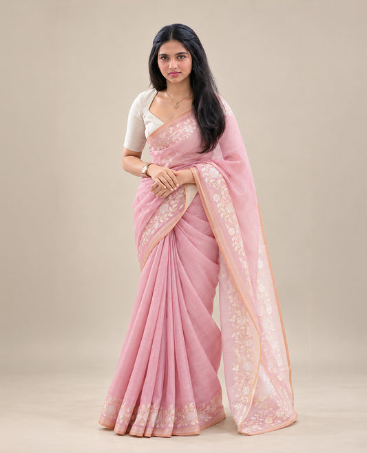 Onion Pink colour linen tissue BKU inspired saree.