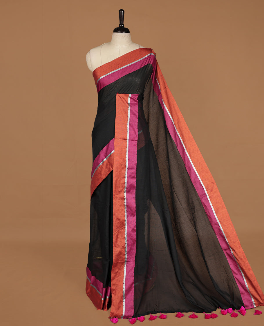 Black saree with pink & brown tones, featuring a minimal plain design on the body, without blouse piece.