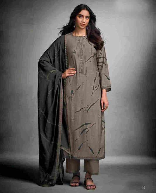 Grey brown colour suit material with pakiza silk digital print top with embroidery worked sleeve, paired with matching satin bottom and contrast colour pakiza light weight print with embroidery lace dupatta.