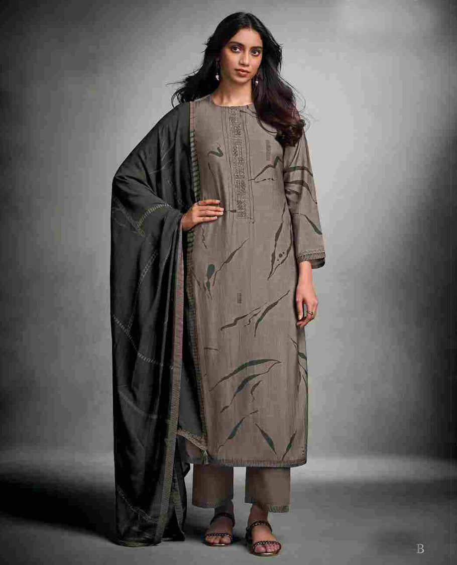 Grey brown colour suit material with pakiza silk digital print top with embroidery worked sleeve, paired with matching satin bottom and contrast colour pakiza light weight print with embroidery lace dupatta.