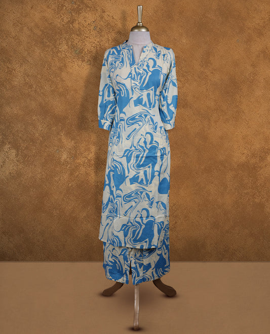 Blue colour coord set featuring V neckline, sleeves, and White printed pattern on body , Paired with a matching dupatta
