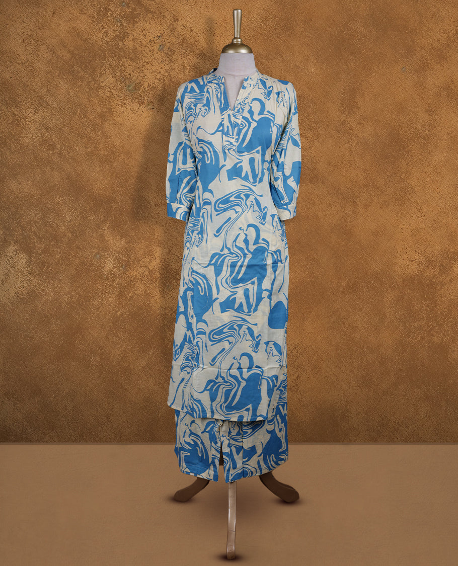 Blue colour coord set featuring V neckline, sleeves, and White printed pattern on body , Paired with a matching dupatta