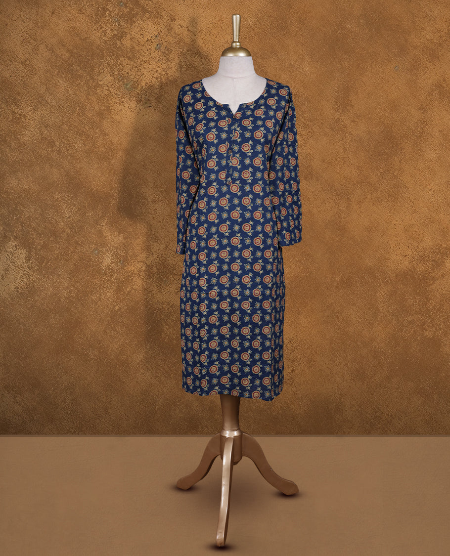 Dark blue colour Kurti featuring multicolour floral print pattern across,  round neckline with split, and sleeves,