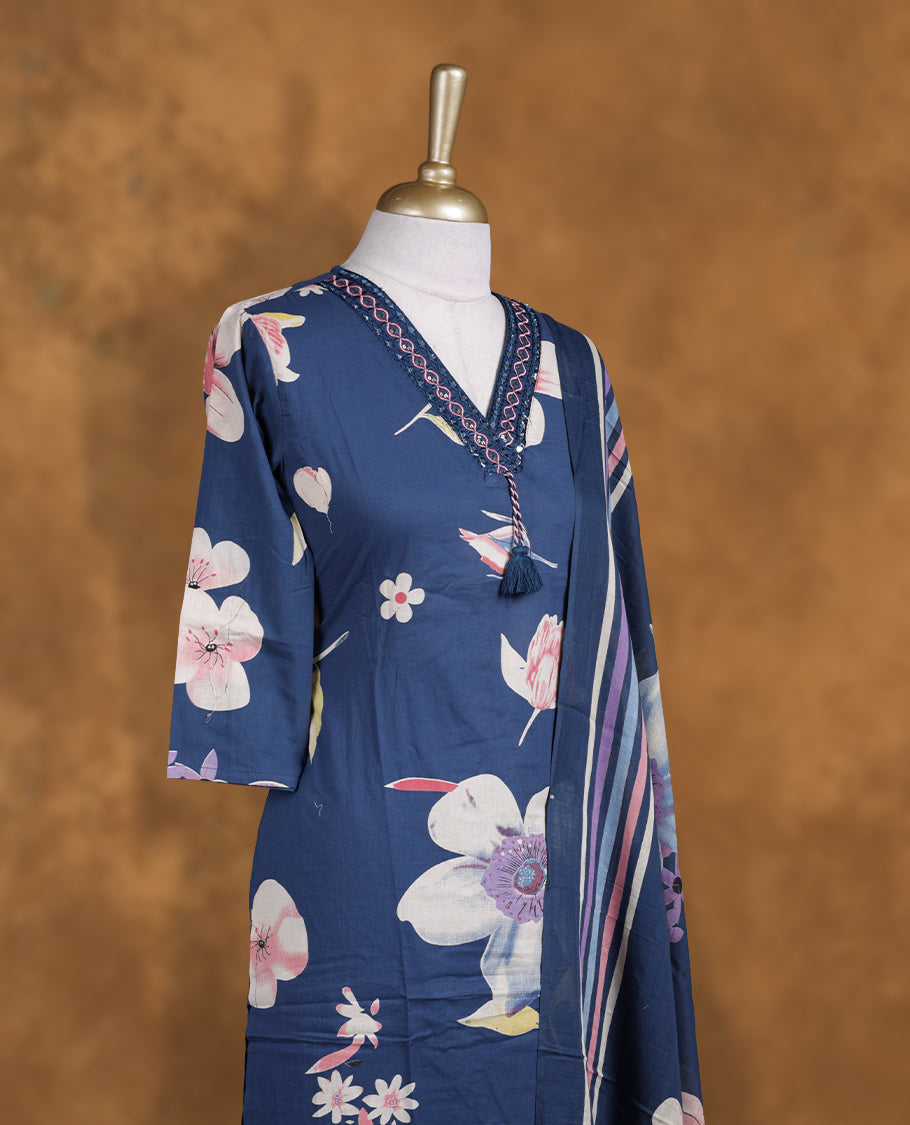 Dark Blue colour churidar set featuring V neckline, sleeves, and Floral pattern across the body, Paired with a matching dupatta