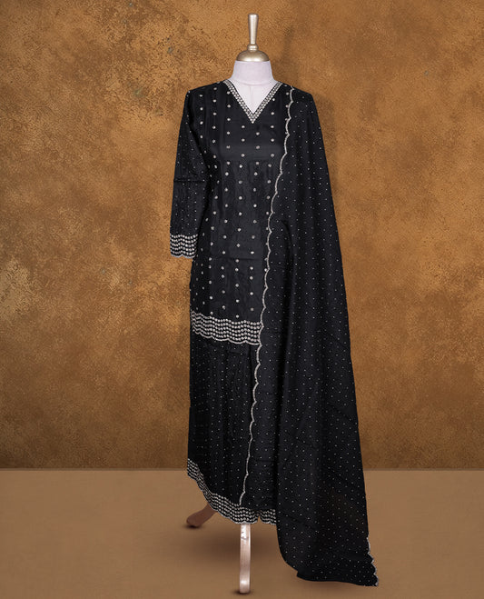 Black colour sharara set featuring gold colour stone worked on neckline, sleeves, and Stone scattered on body , Paired with a matching dupatta