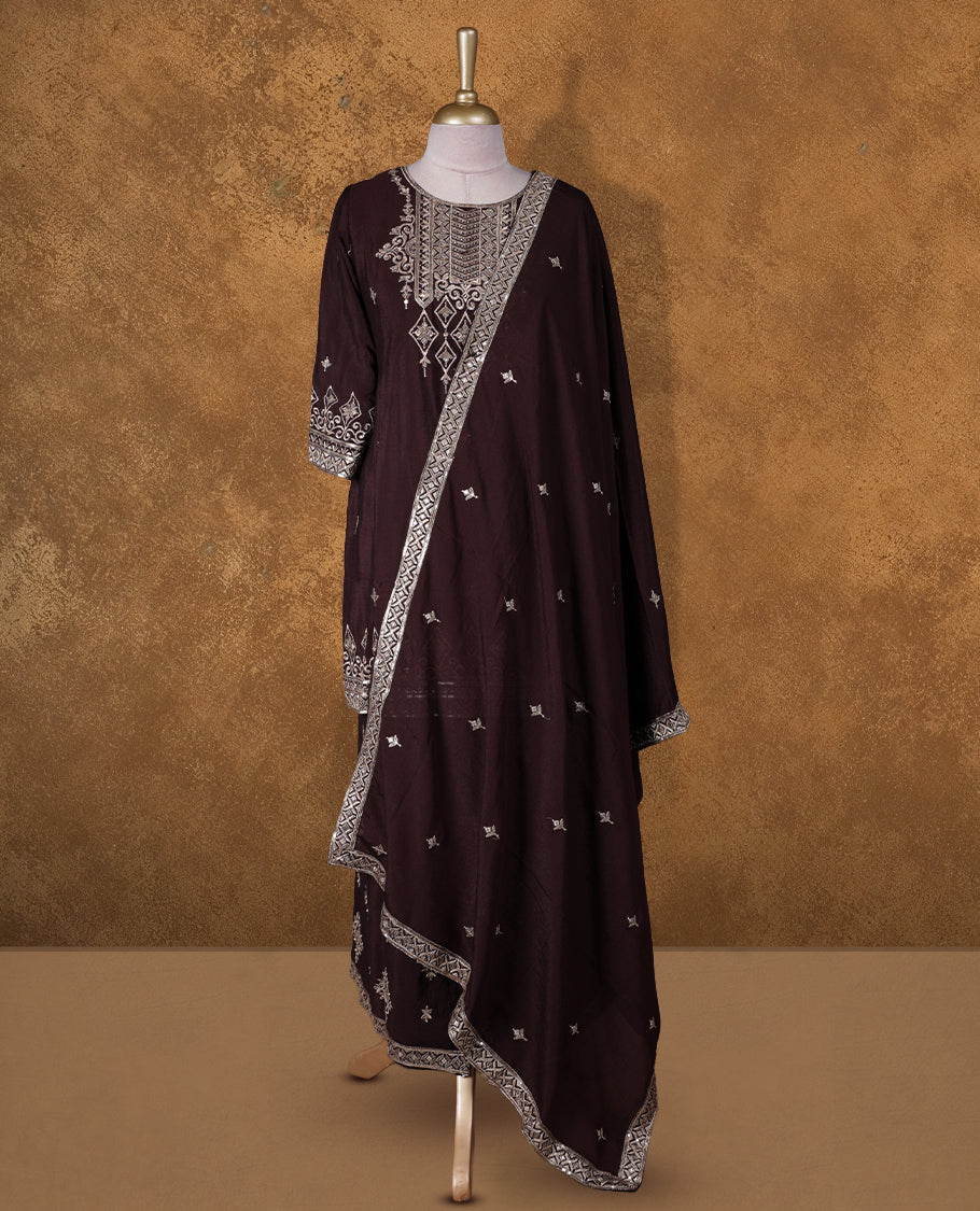 Chocolate brown colour sharara set featuring gold colour thread and cut beats embroidered neckline, sleeves, and thread embroidery on body , Paired with a matching dupatta