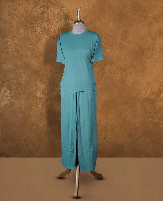 Aqua blue colour coord set with styled with a round neckline & sleeve, with matching bottom .