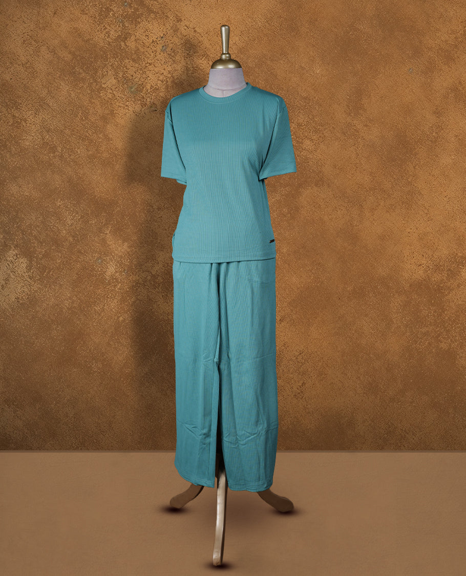 Aqua blue colour coord set with styled with a round neckline & sleeve, with matching bottom .