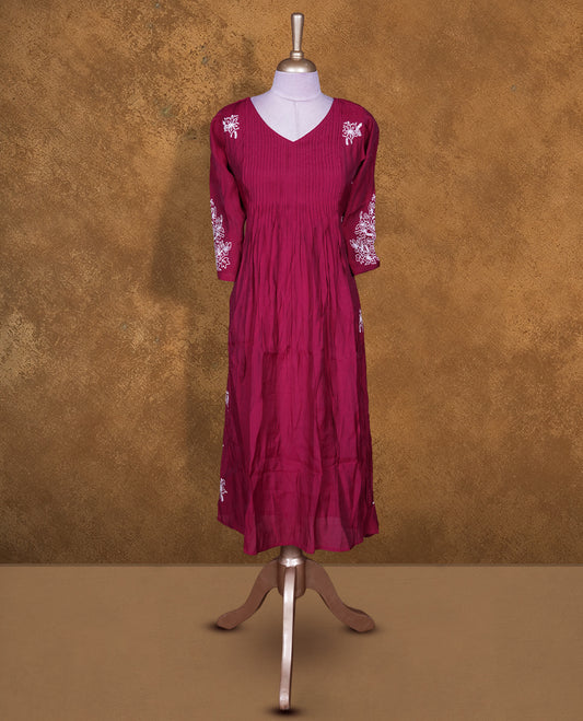 Wine colour embroidered kurti featuring a V-neckline with pintuck detailing, a calf-length silhouette, and three-quarter sleeves adorned with delicate floral thread work.