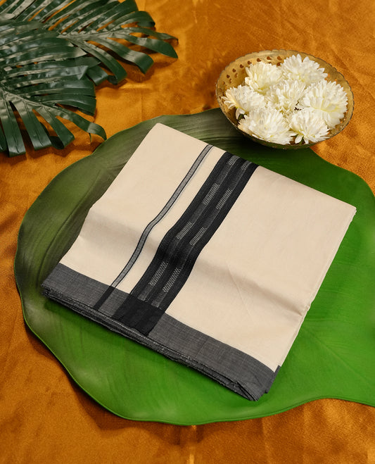 Cream Colour Pure Cotton double Dhoti with Black and Ash Colour Border for Men