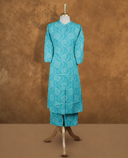 Blue colour coord set featuring white print pattern across body, mandarin collar, and sleeves, Paired with matching pants.