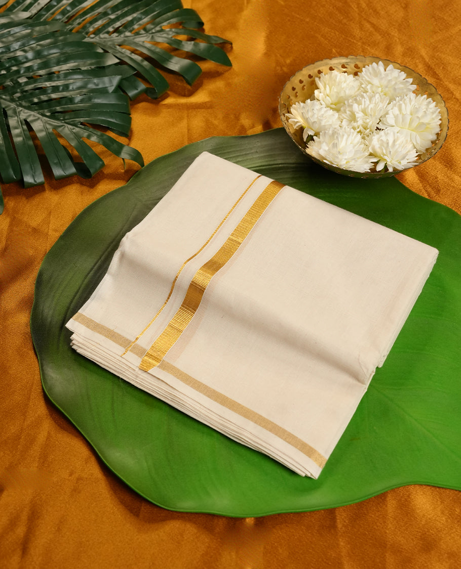 Cream Colour Pure Cotton double Dhoti with Gold Colour simple  Border for Men