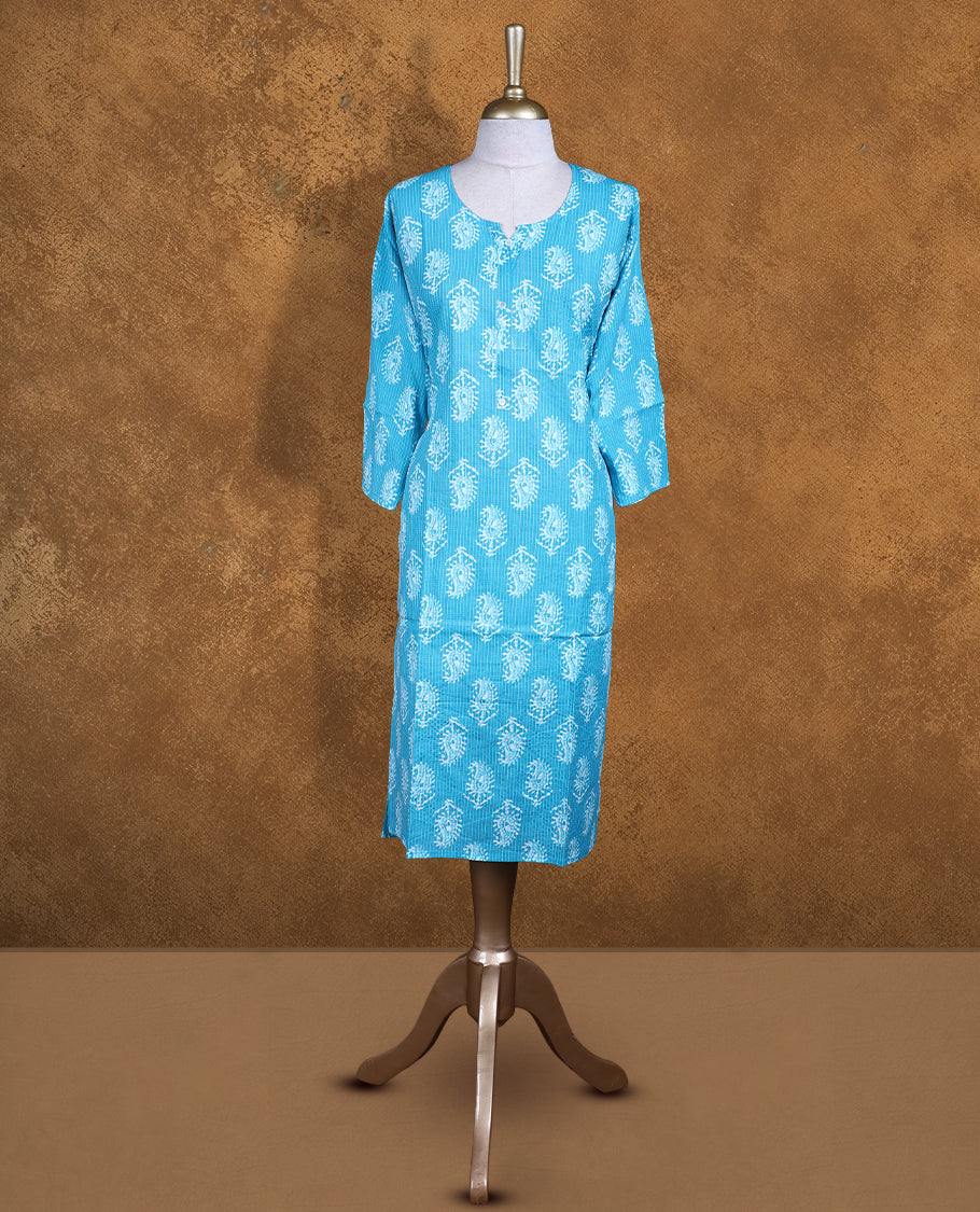 Sky colour kurti with White floral prints, knee length design, styled with a round with slit neckline and a sleeve .