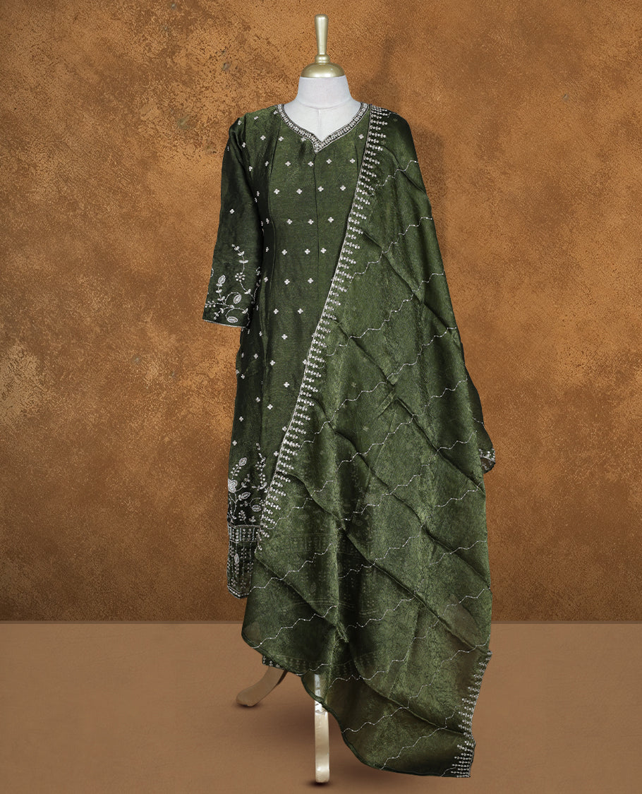 Dark green colour Churidhar set featuring gold stone pattern neckline, sleeves, and stone pattern across on body , Paired with a matching dupatta