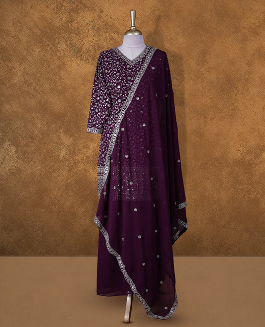 Dark Purple colour sharara set featuring thread and embroidered and beats pattern neckline, sleeves, and thread embroidery on body, Paired with a matching dupatta
