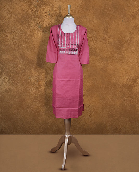 Burgundy rose colour kurti with styled with a thread pattern around neckline, fknee length design, and a sleeve