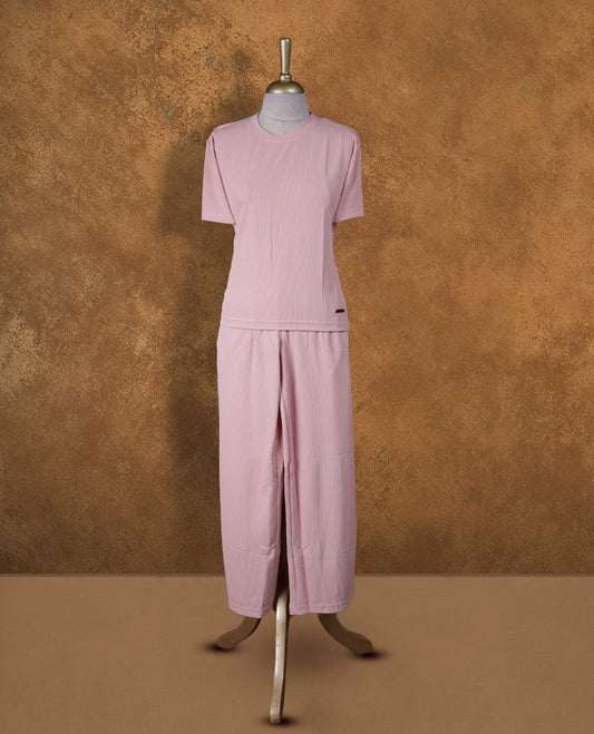 Pink colour coord set with round neckline, short sleeve Tshirt design and matching pant