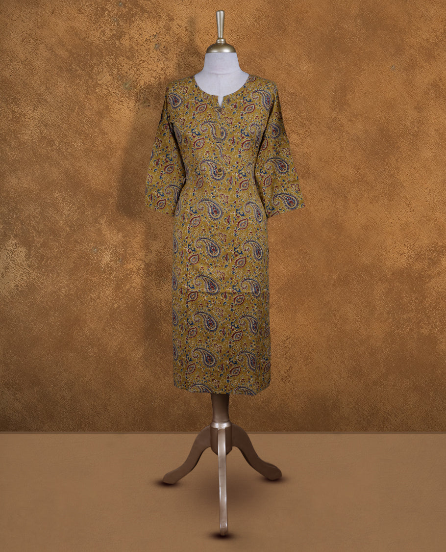 Olive colour kurti with styled with a print pattern across body, knee length design, and a sleeve .