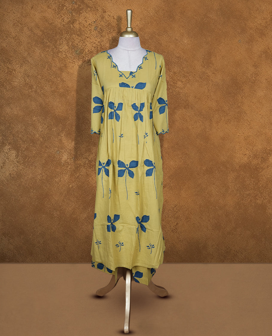 Olive colour coord set with styled with blue thread pattern & mirror around neckline, knee length design