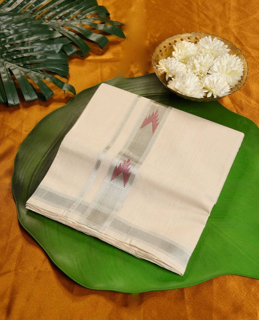 Cream Colour Pure Cotton double Dhoti with Silver and red Colour desgin Border for Men