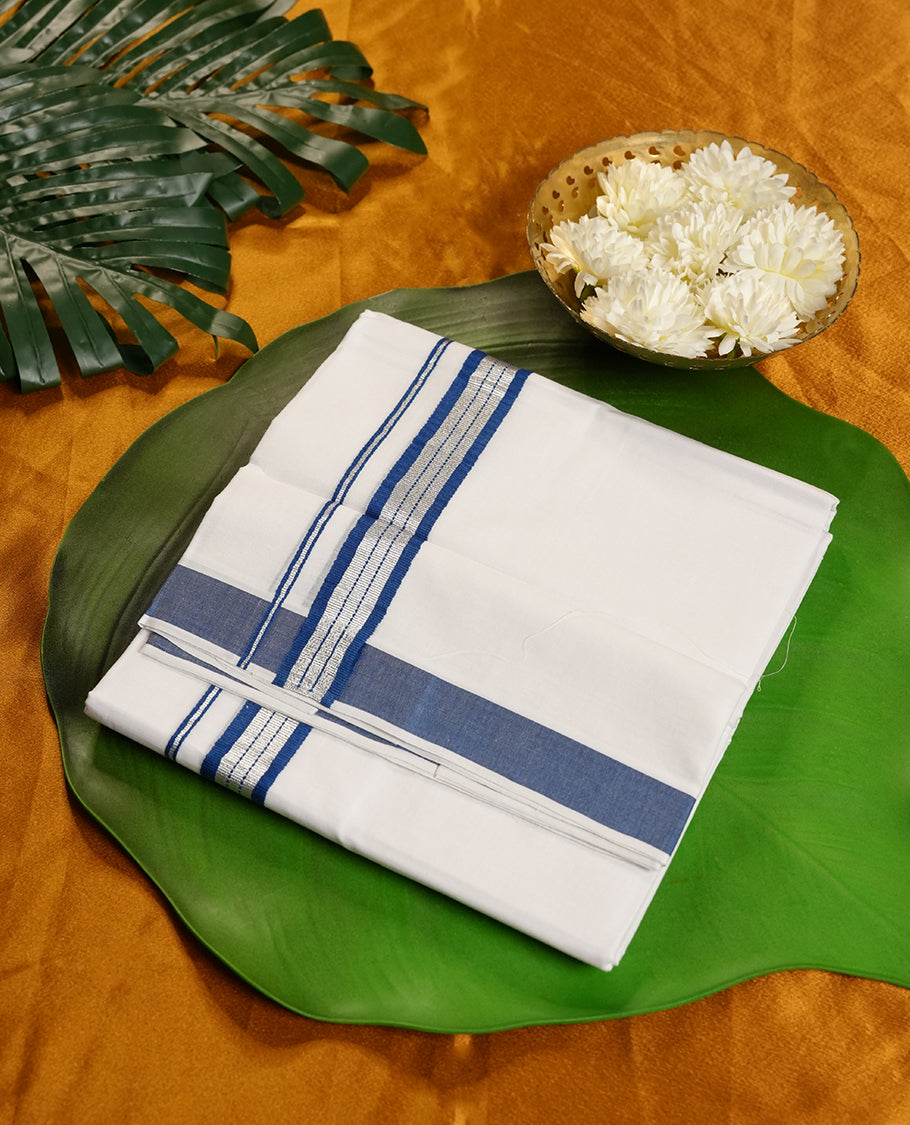 White Colour MCR Pure Cotton double Dhoti with Blue and silver Colour Border for Men