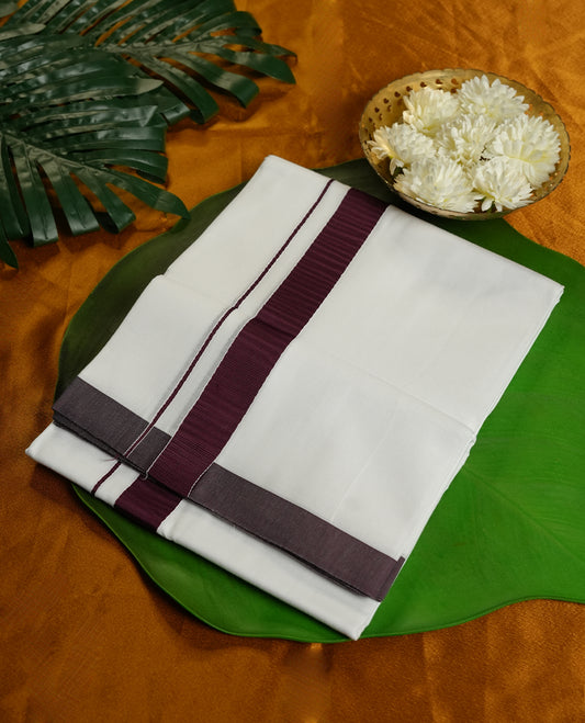 White Colour Ramraj Pure Cotton double Dhoti with Dark maroon Colour Border for Men