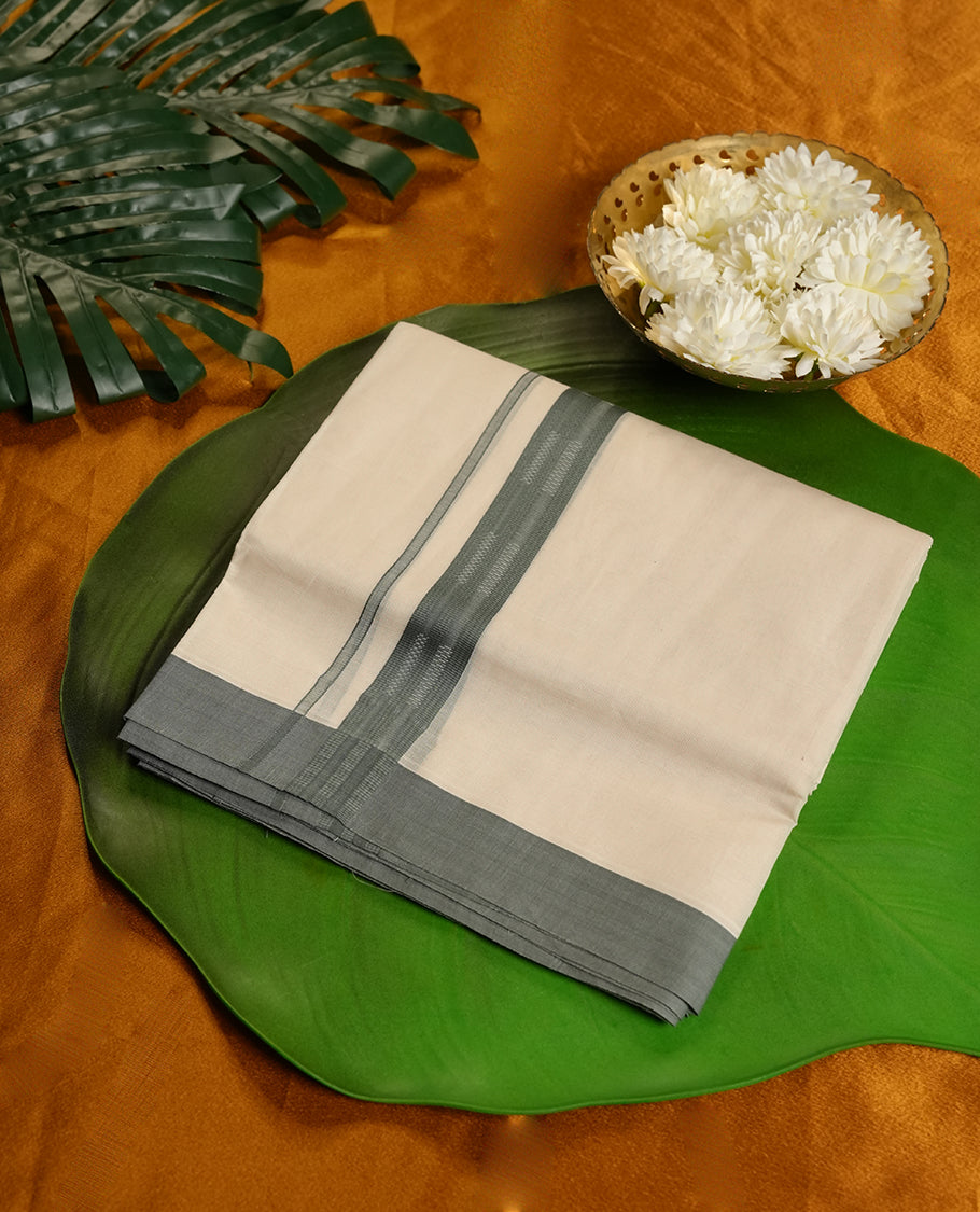 Cream Colour Pure Cotton double Dhoti with Dark Green Colour Border for Men