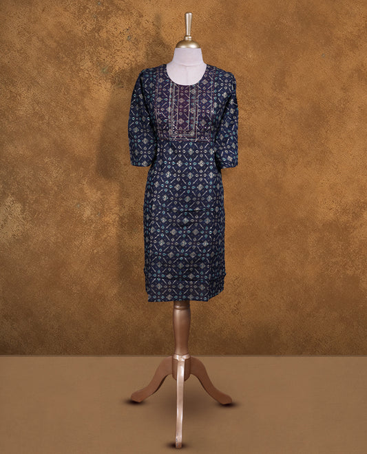 Dark blue  colour kurti with styled with a thread pattern around neckline, print on body knee length design, and a sleeve .