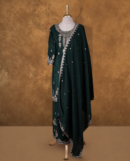 Dark green colour sharara set featuring thread and embroidered and beats pattern neckline, sleeves, and thread embroidery on body , Paired with a matching dupatta