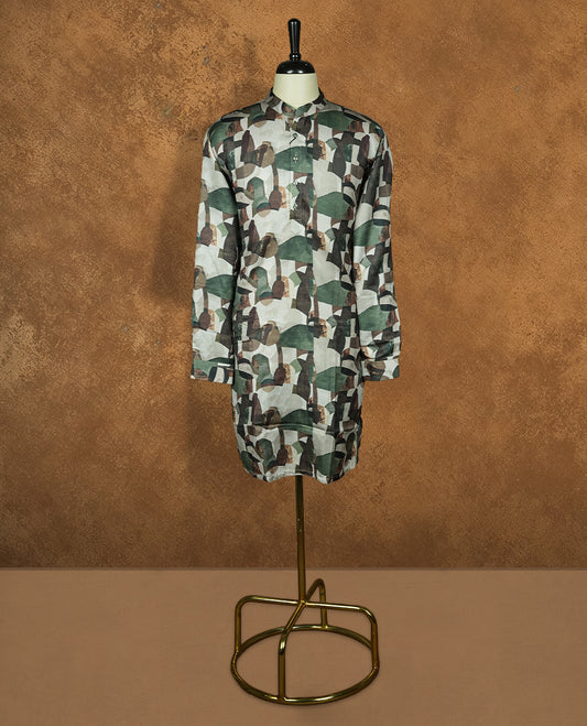 Olive-brown camouflage print shirt-style kurti with band collar and full button-down front, designed in a straight longline fit with full sleeves.