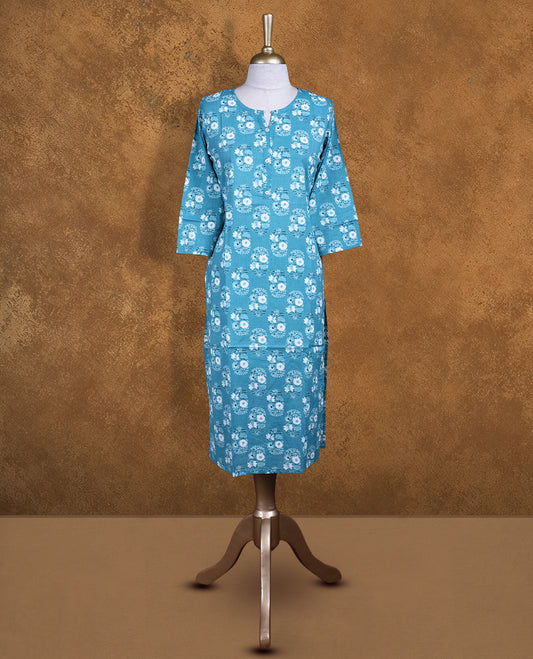 Light teal colour Kurti featuring floral print pattern across, round neckline with split, and sleeves,
