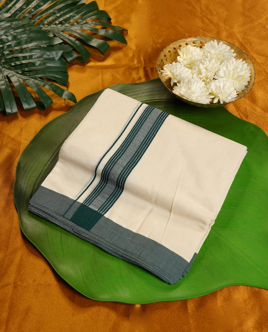 Cream Colour Pure Cotton double Dhoti with Dark Green Colour Border for Men