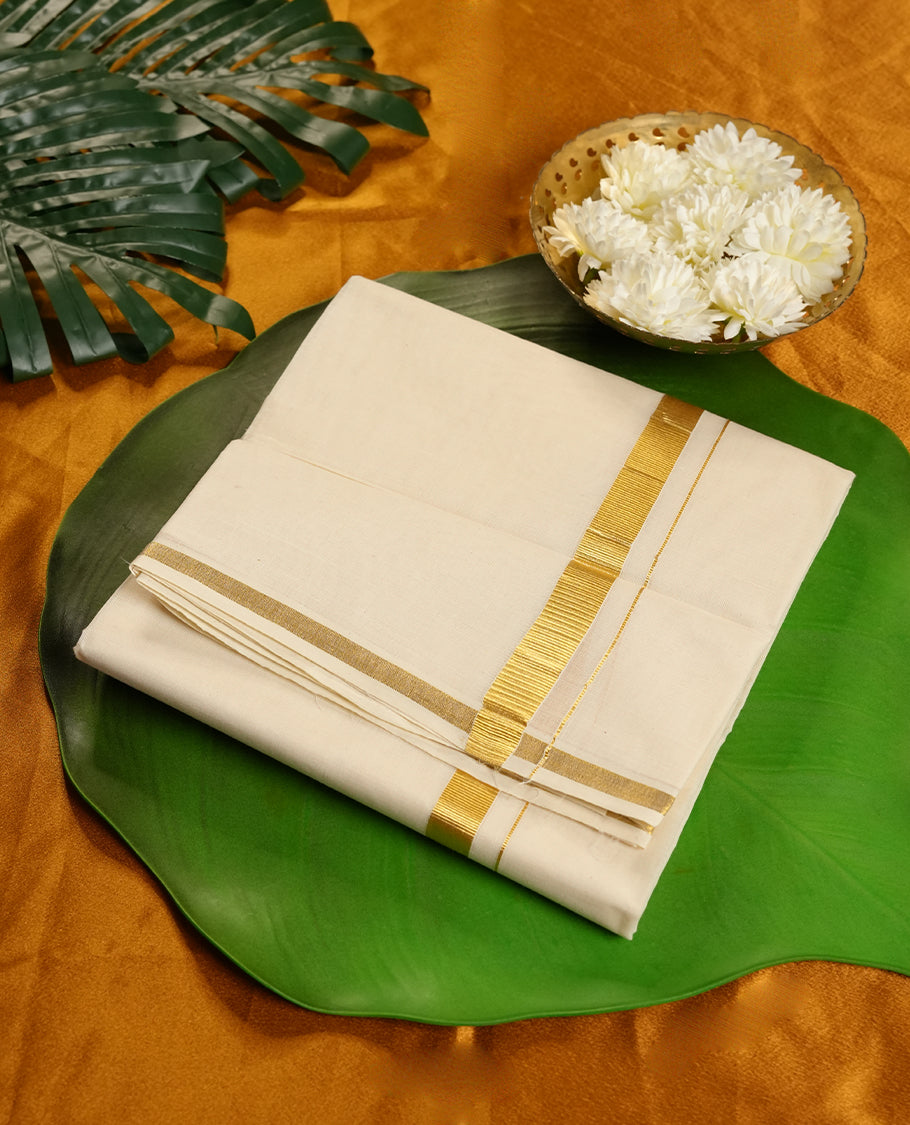 Cream Colour Pure Cotton double Dhoti with Gold Colour simple Border for Men