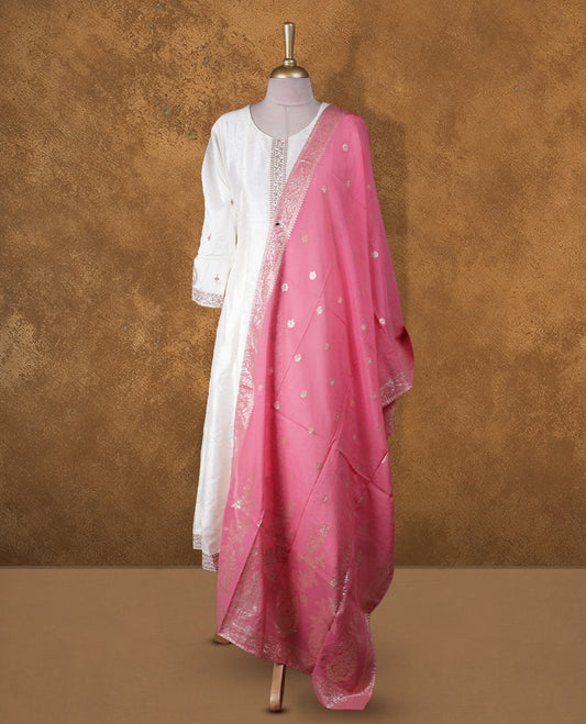 Off white colour churidar set featuring thread embroidered & beats onneckline, sleeves, and thread embroidery on body , Paired with a matching dupatta