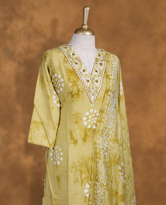 Light olive and white colour churidar set featuring thread embroidered on neckline, sleeves, and white printed pattern on body , Paired with a matching dupatta