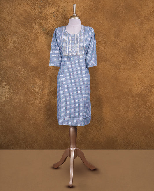 Gray colour kurti with styled with a thread pattern around neckline, print pattern on body, knee length design, and a sleeve .