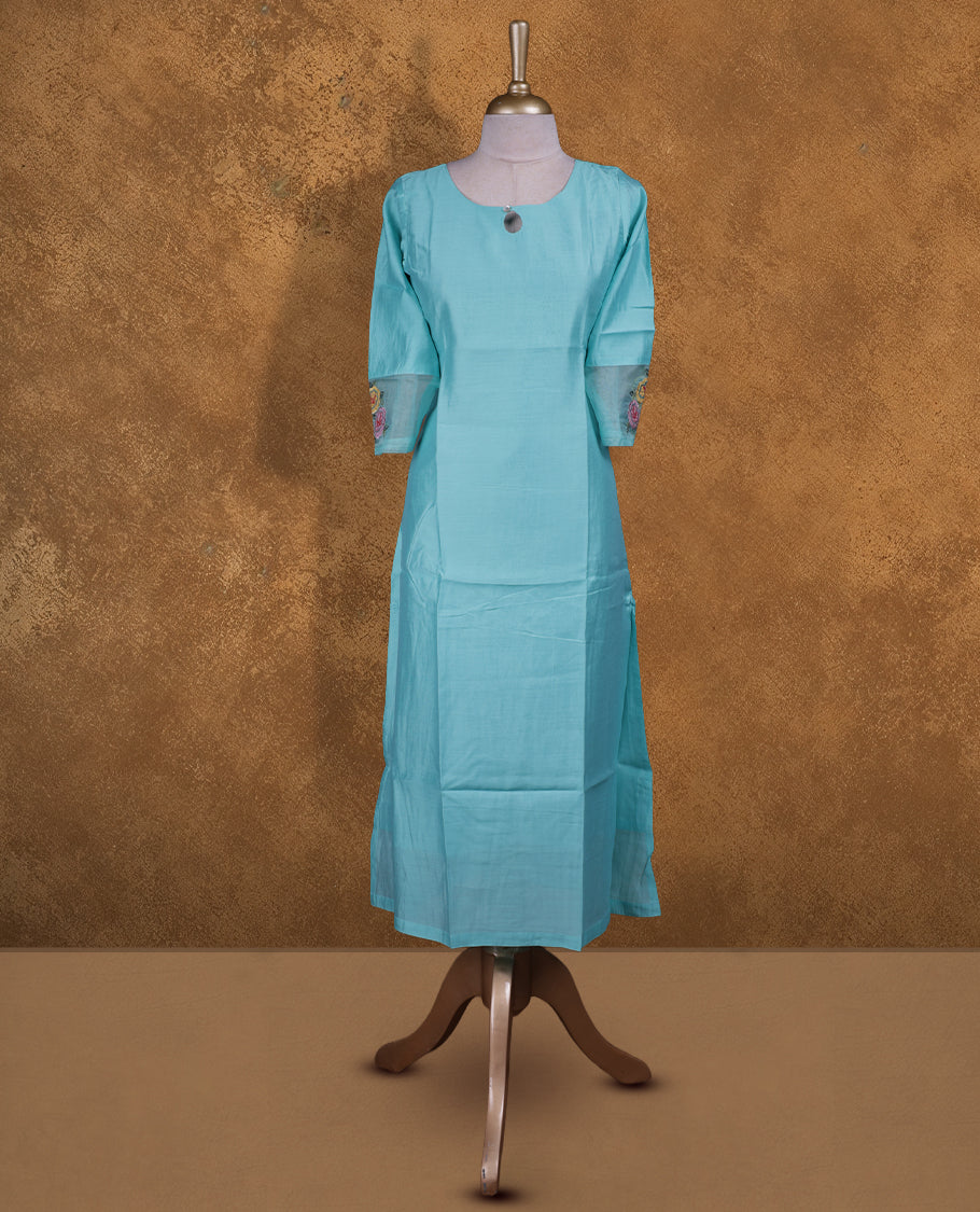 Aqua blue colour kurti with styled with a round with ovel with button neckline, print on body knee length design, and a sleeve .