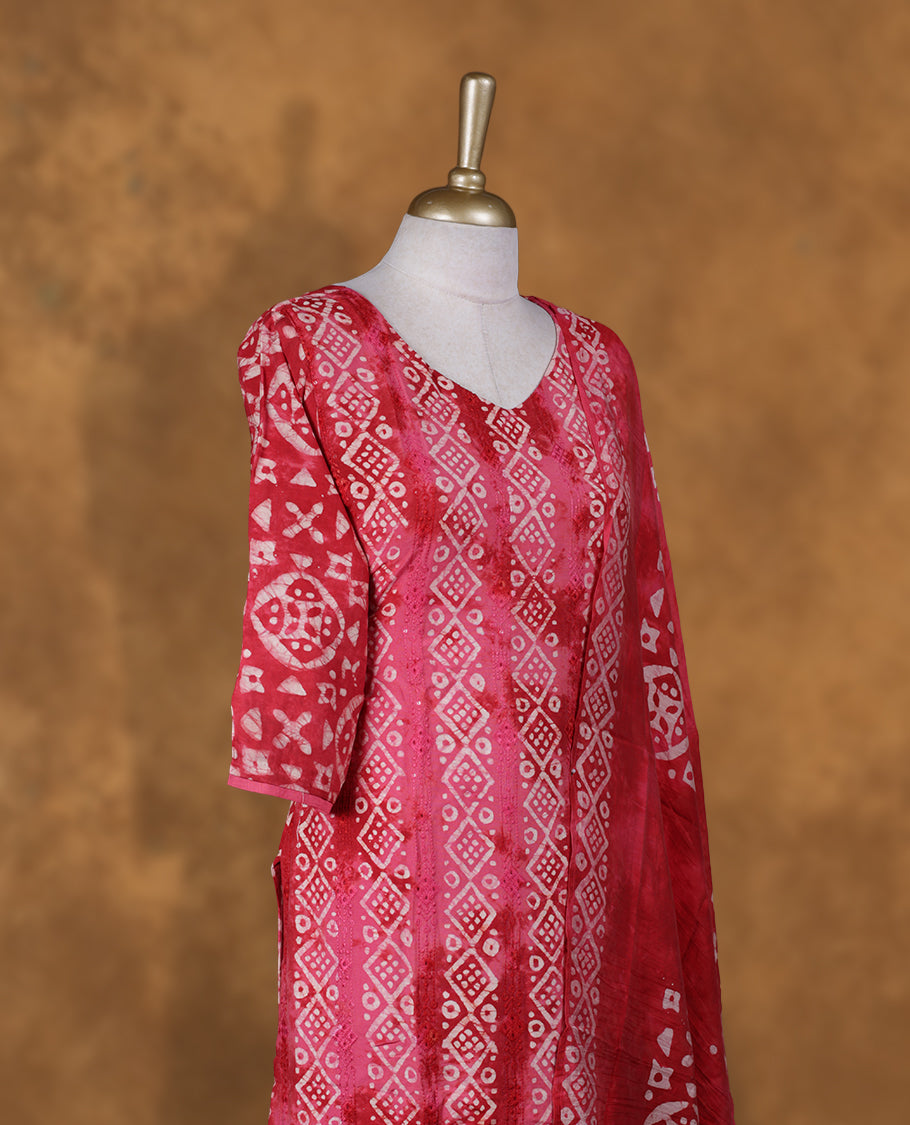 Pink colour churidar set featuring V neckline, sleeves, and White printed pattern on body , Paired with a matching dupatta