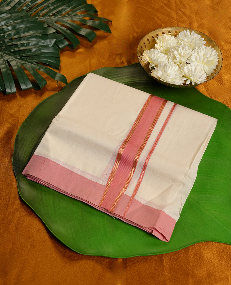 Cream Colour Pure Cotton double Dhoti with Pink and Copper Colour Border for Men