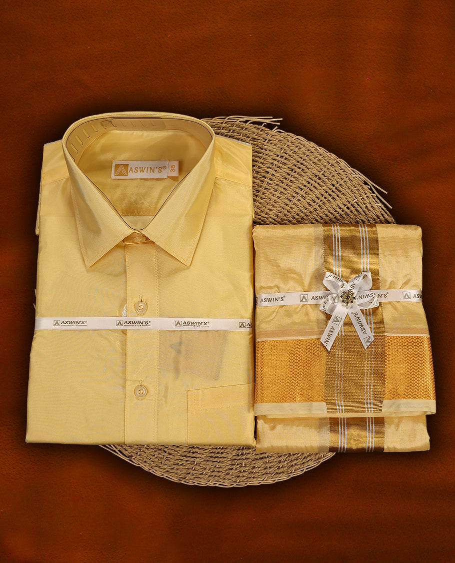 Sandal colour Aswin’s wedding set featuring a luxurious silk shirt, matching dhoti with elegant golden zari weave, paired with a towel and fragrance, crafted for weddings and festive grandeur.